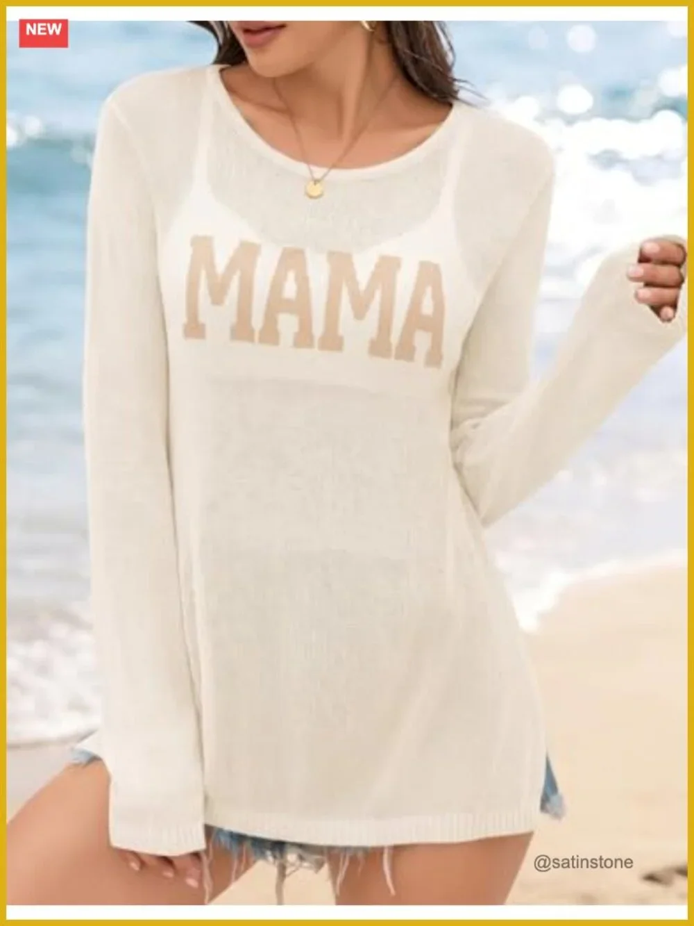 Letter Print Crochet Long Sleeve Swimsuit Cover Up Pullover